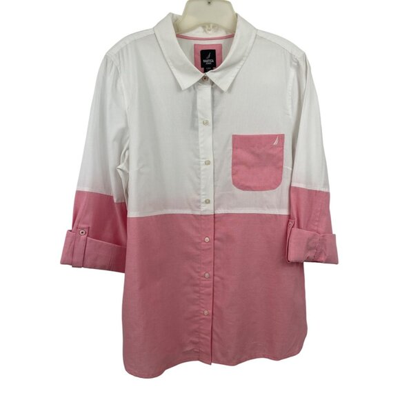 Nautica Jeans Tops - Nautica Jeans Womens Size Large Red White Colorblocked Roll Tab Sleeve Shirt